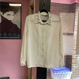 Vintage Koret White Dress Shirt with Floral Embroidery